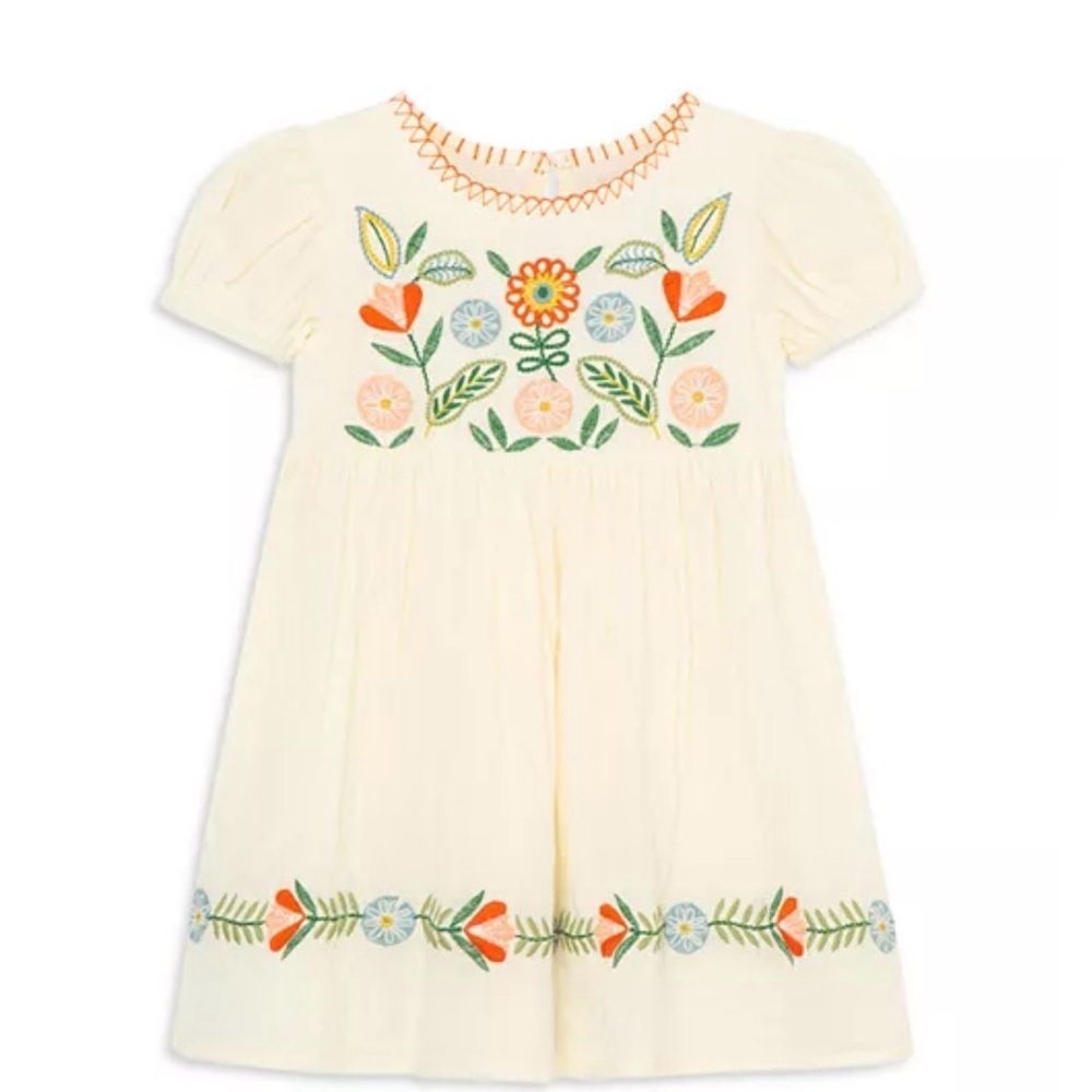 Peek Baby Girl Cream Dress Colorful Folk Floral Embroidery Size 6-12M